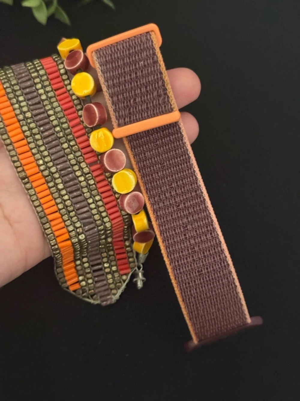 Boho Beaded Multistrand Bracelet and Watch Band‎ in Plum and Mustard (E5)